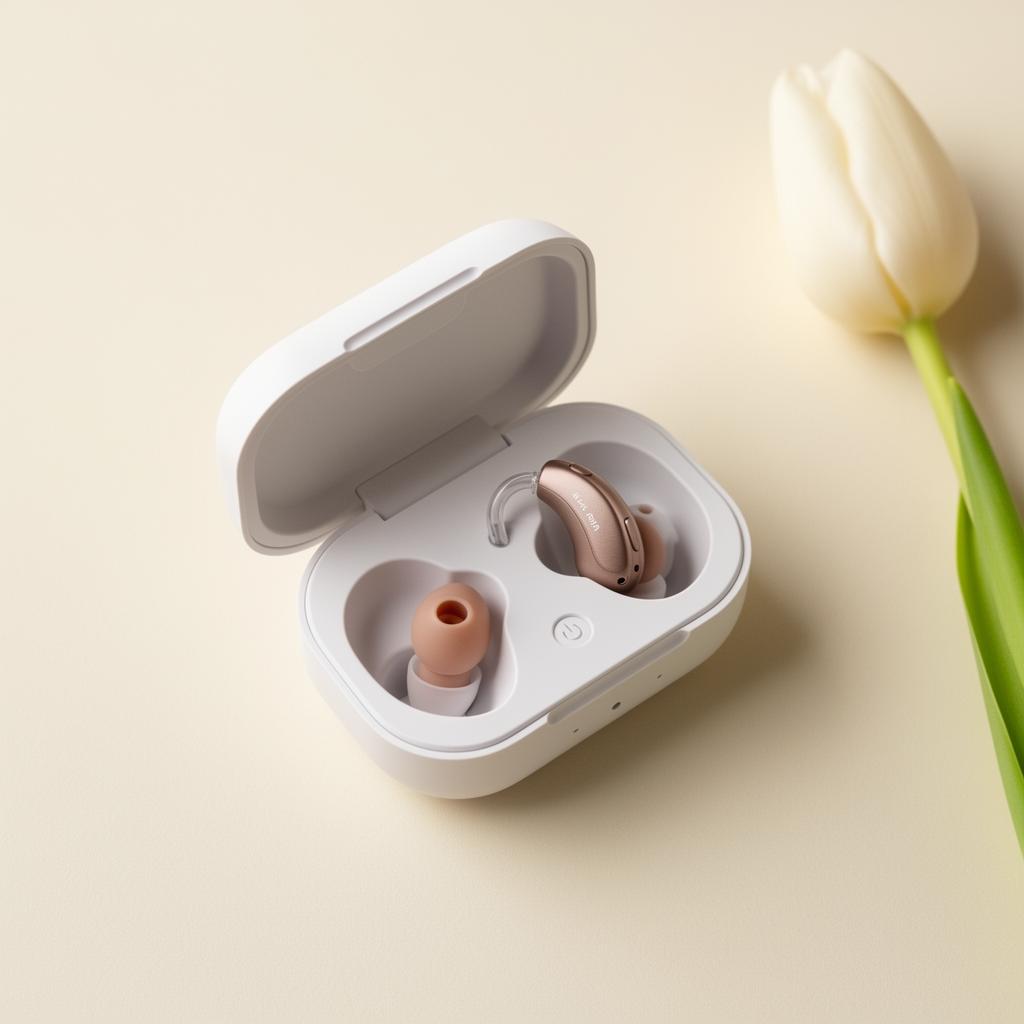 JH-A19A in-het-oor hoortoestel in open oplaadcase, top-down op warme off-white achtergrond met tulp